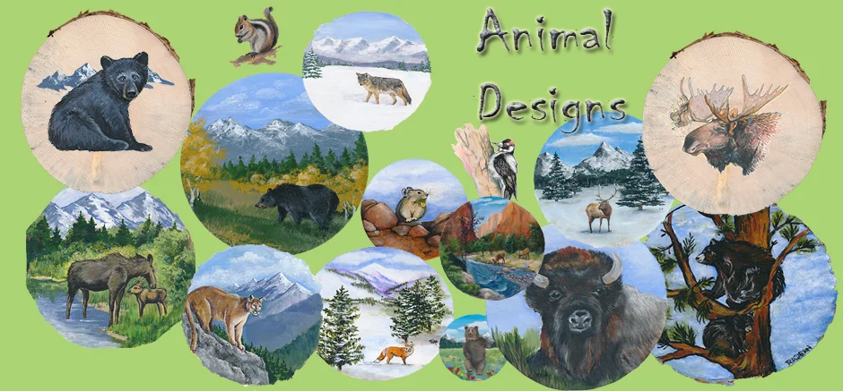 A collage of hand-painted animal designs on wood slices: bears, moose, elk, a fox, a mountain lion and a buffalo